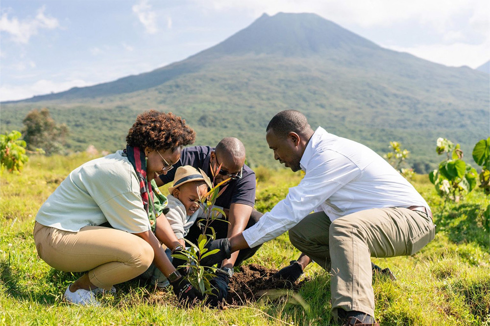 A family and a guide plant a young tree together in a lush green field with a mountain in the background, under a bright blue sky.